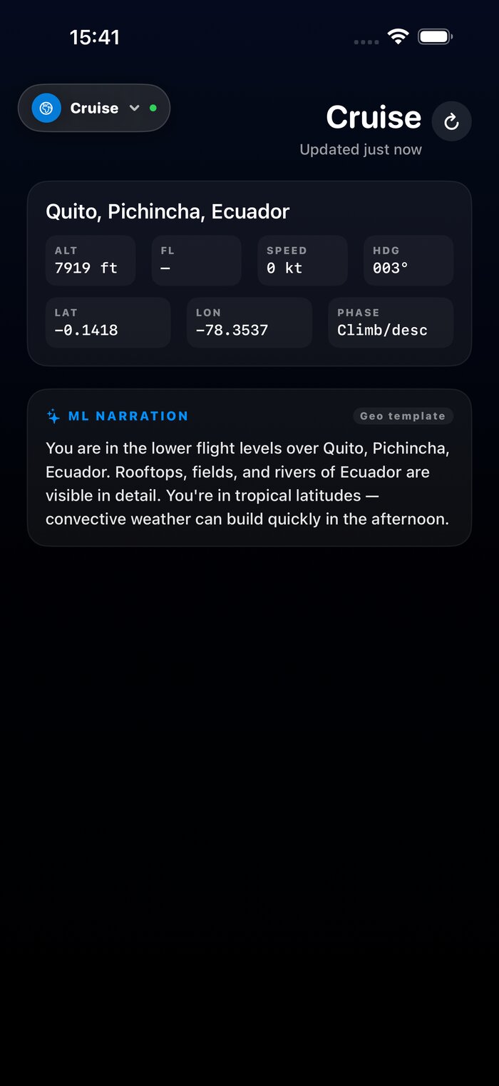 Cruise dashboard with a generated narration about the terrain below over Ecuador